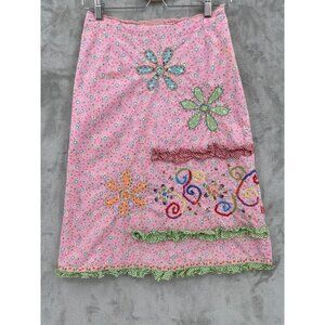 Oilily Women's 36 Pink Embroidered Floral Applique Ruffle Cotton Midi Skirt
